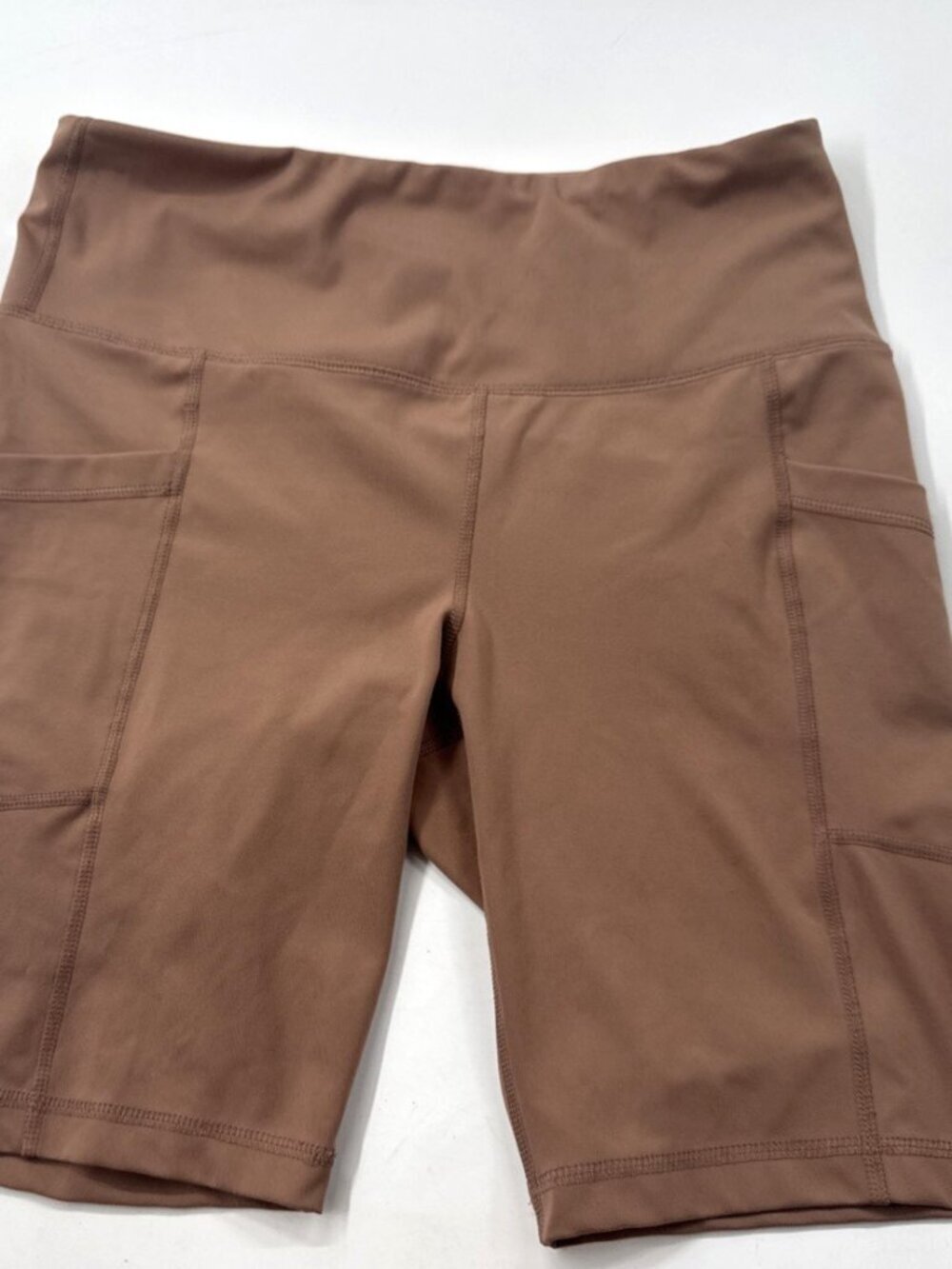 Yogalicious Lux Womens High Waist Biker Shorts Tan Side Pockets Large Stretch 9”